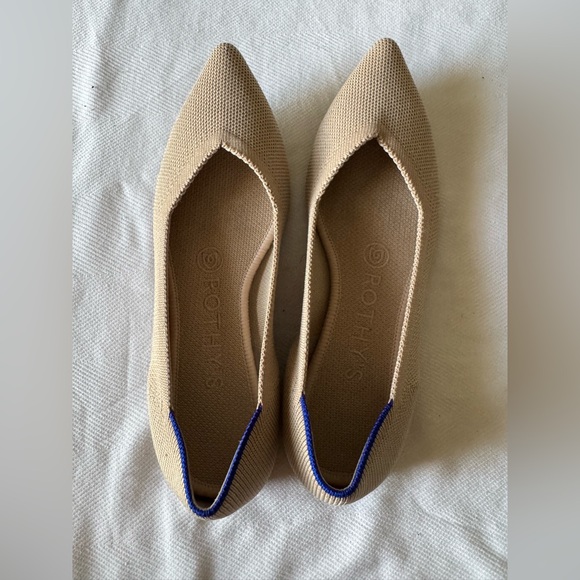 Rothy's Shoes - Rothy's Tan Flats with Blue Trim